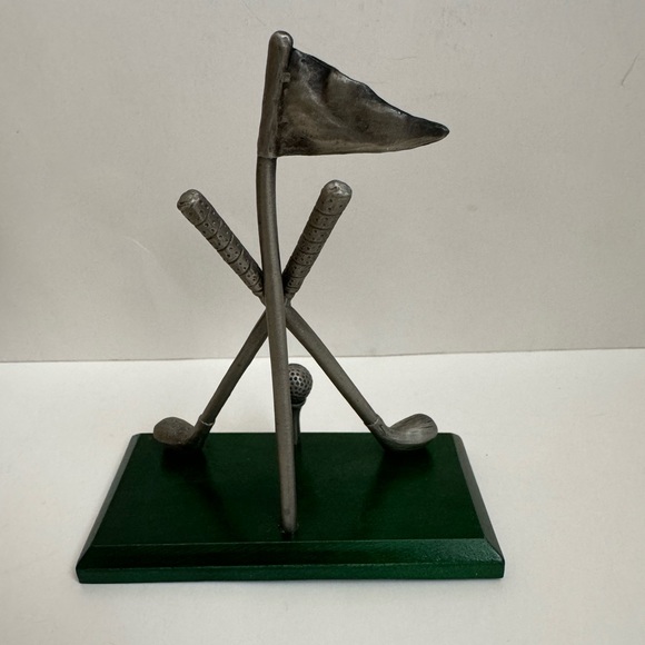 Russ Golf Club Balls Business Card Holder Pewter w/ Wooden Base - Picture 4 of 8